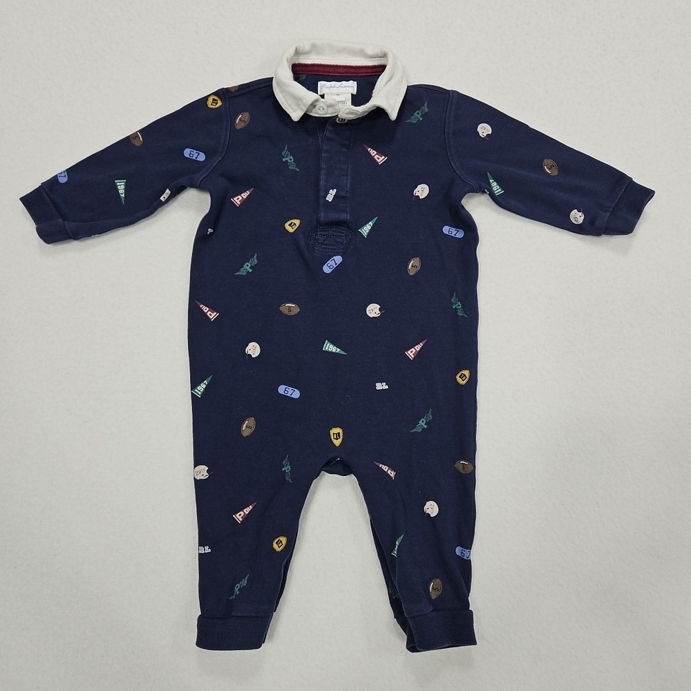 Ralph Lauren Baby Football One Piece Romper 9 Months Blue‎ Cotton Long Sleeves